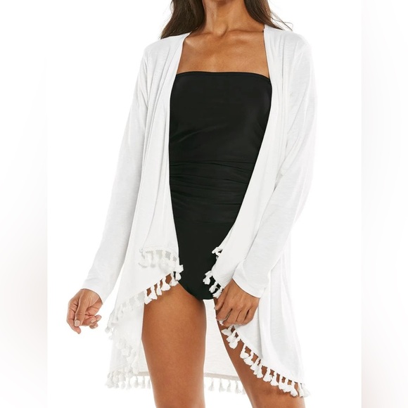 NWT Coolibar San Clemente cover-up in white with tassels. UPF 50+ - Picture 2 of 9